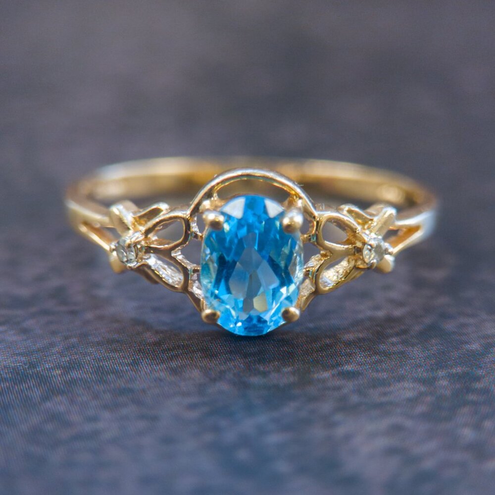 14k Gold Oval Blue Topaz Ring with Diamond Accents - Picture 2 of 15